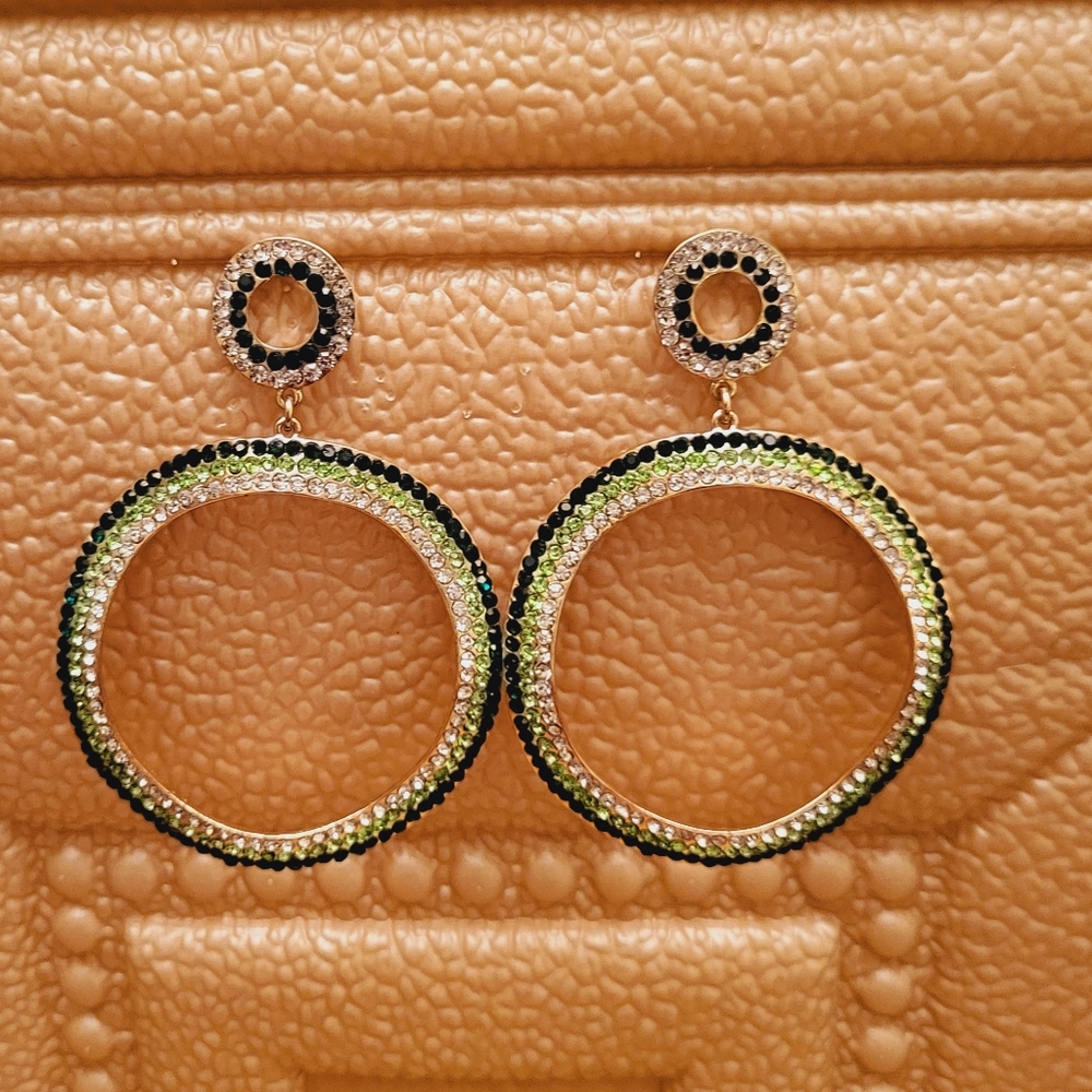 Green Rhinestone Round Earrings
